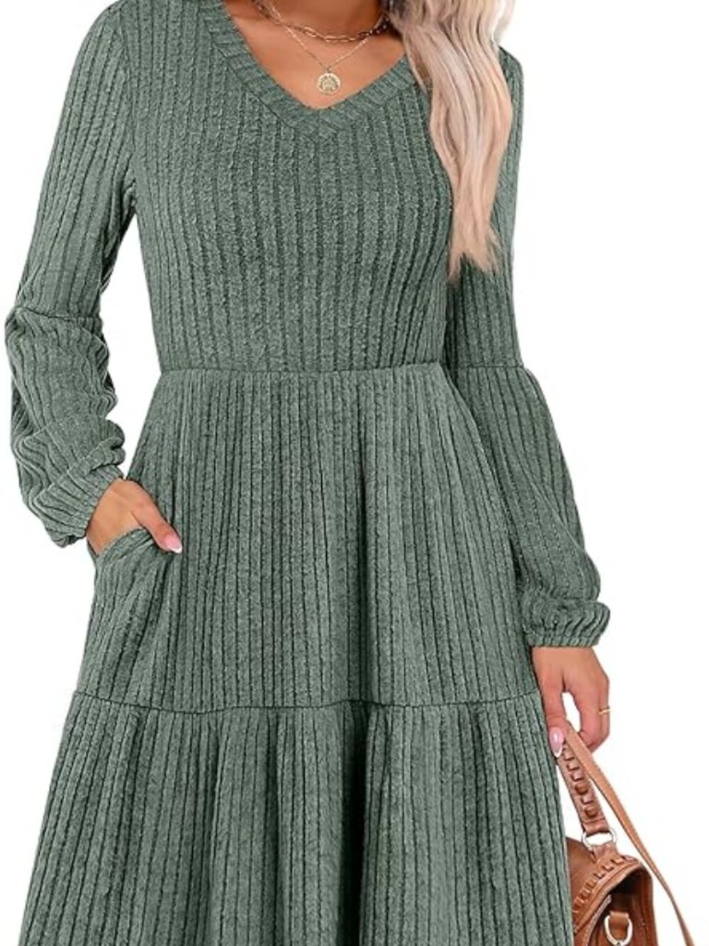 Sampeel V Neck Ribbed Long Sleeve Sweater Dress Pockets Swing Sage Green Medium
